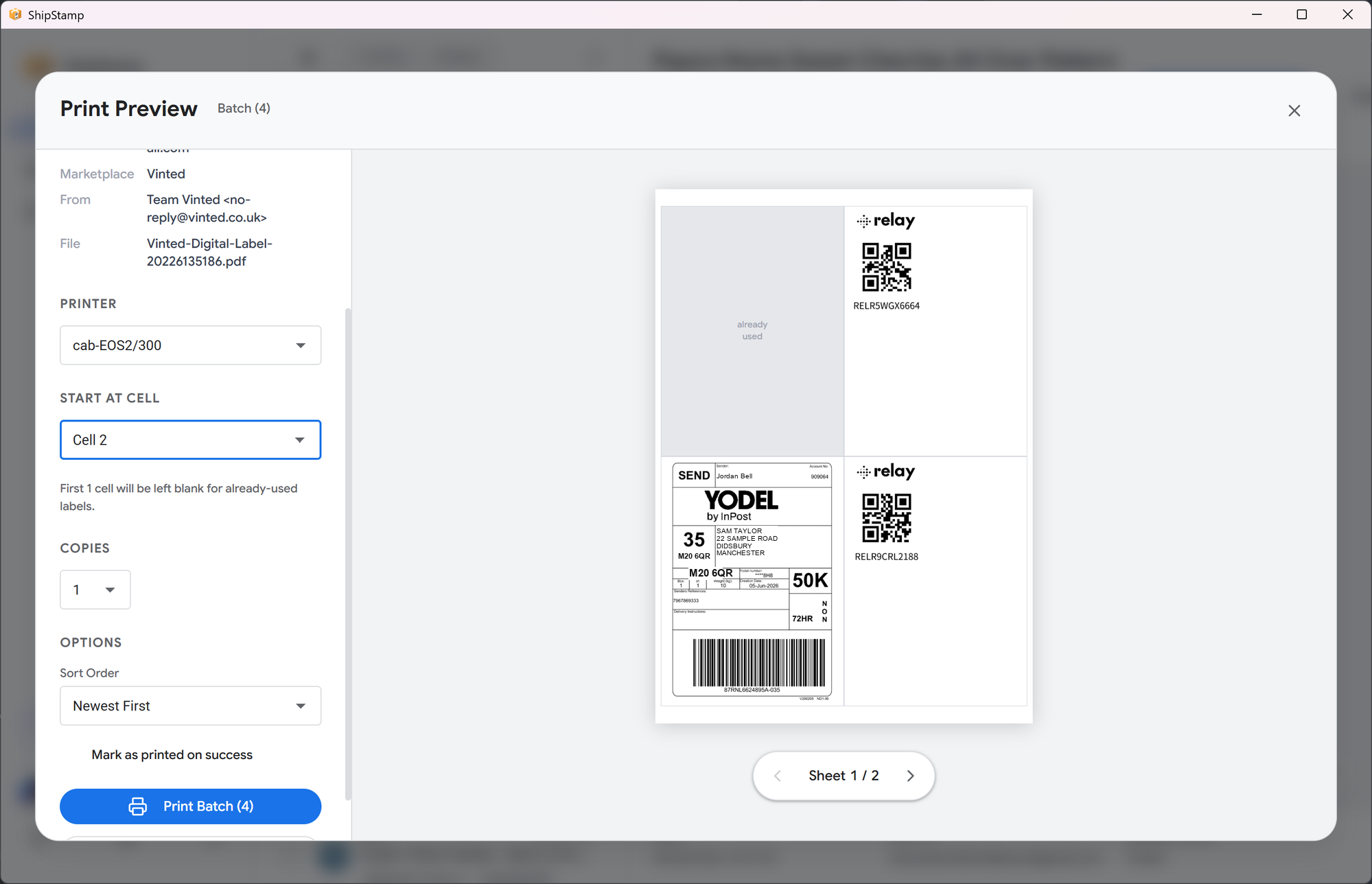 ShipStamp print preview showing four Vinted shipping labels laid out two-by-two on a single A4 sheet