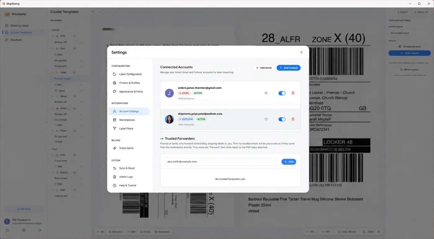 ShipStamp accounts screen showing connected Gmail and Outlook email accounts for label syncing