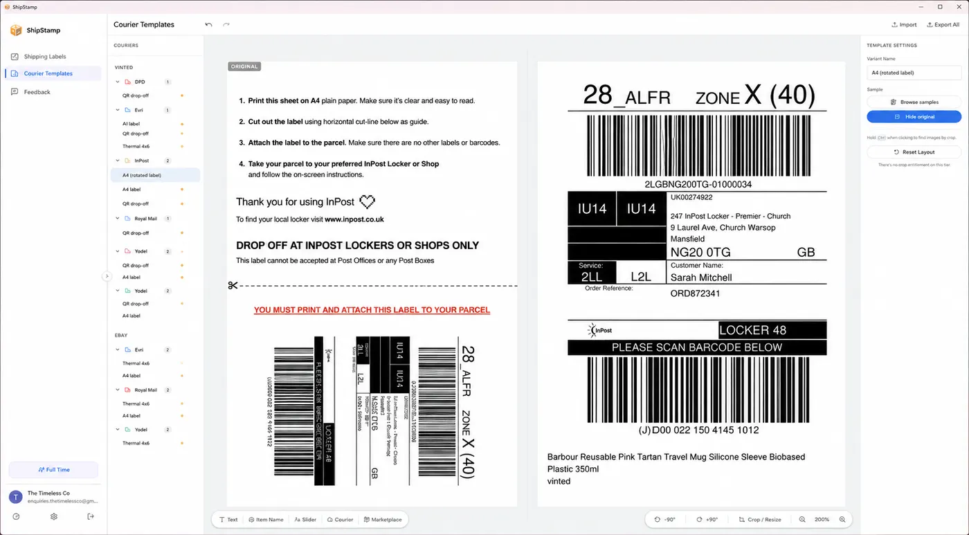 ShipStamp showing per-courier label settings, where the crop and orientation are saved separately for each courier