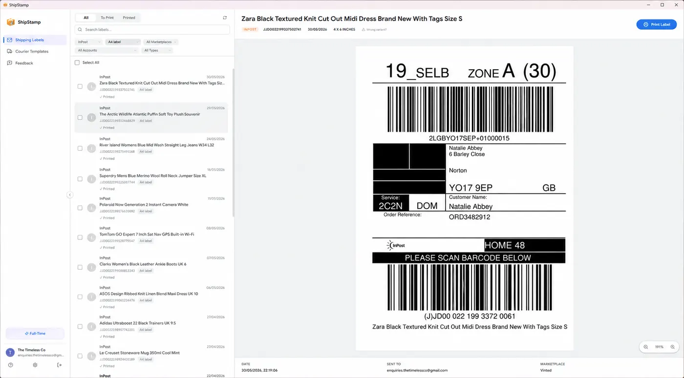 ShipStamp showing every Vinted and eBay label pulled from the inbox into one sortable list