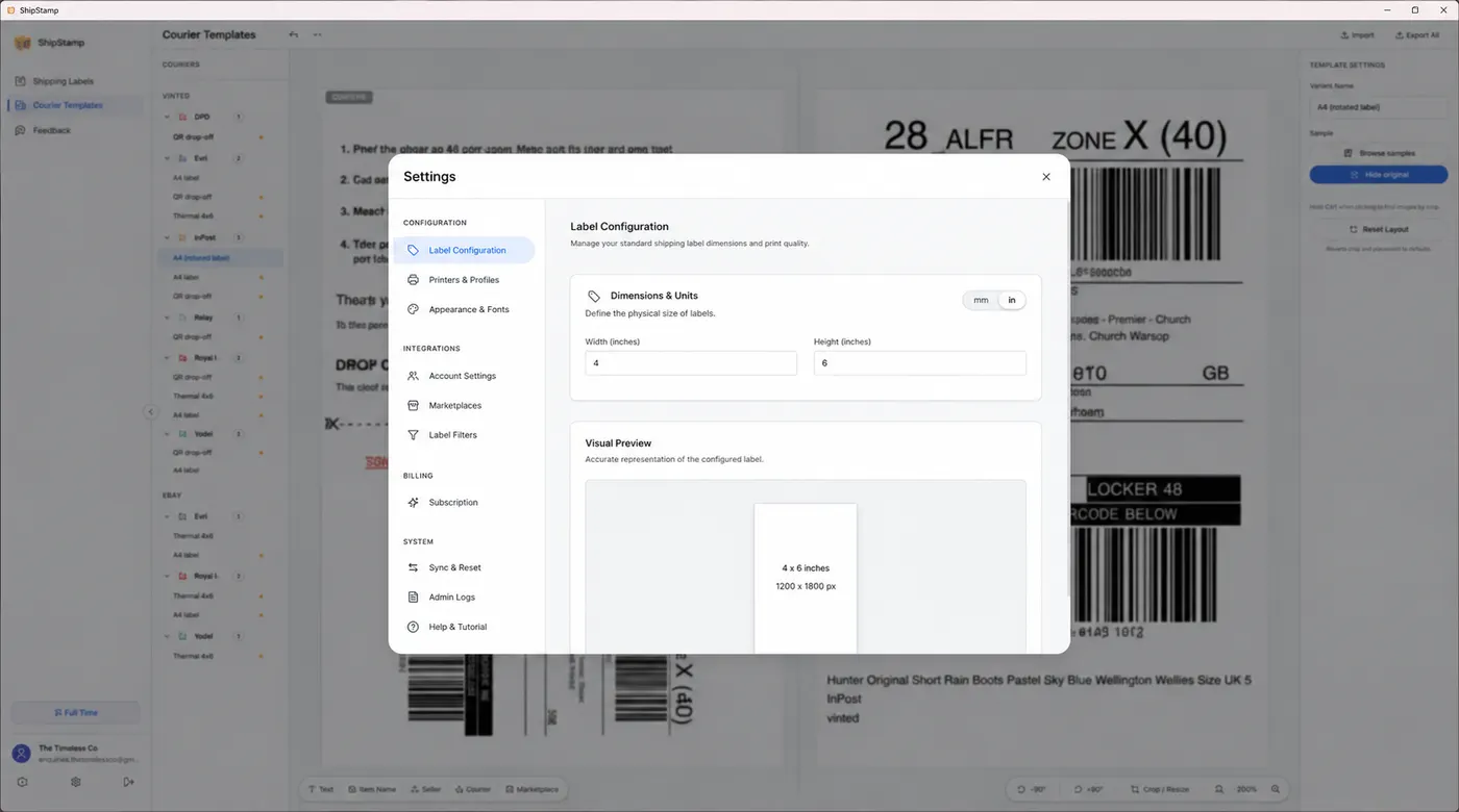 ShipStamp editor cropping and rotating an InPost A4 PDF down to a clean 6x4 shipping label