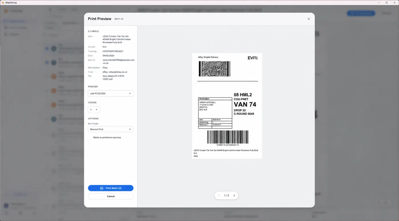 ShipStamp print preview showing a courier label cropped to the correct size, ready to print at 100 percent