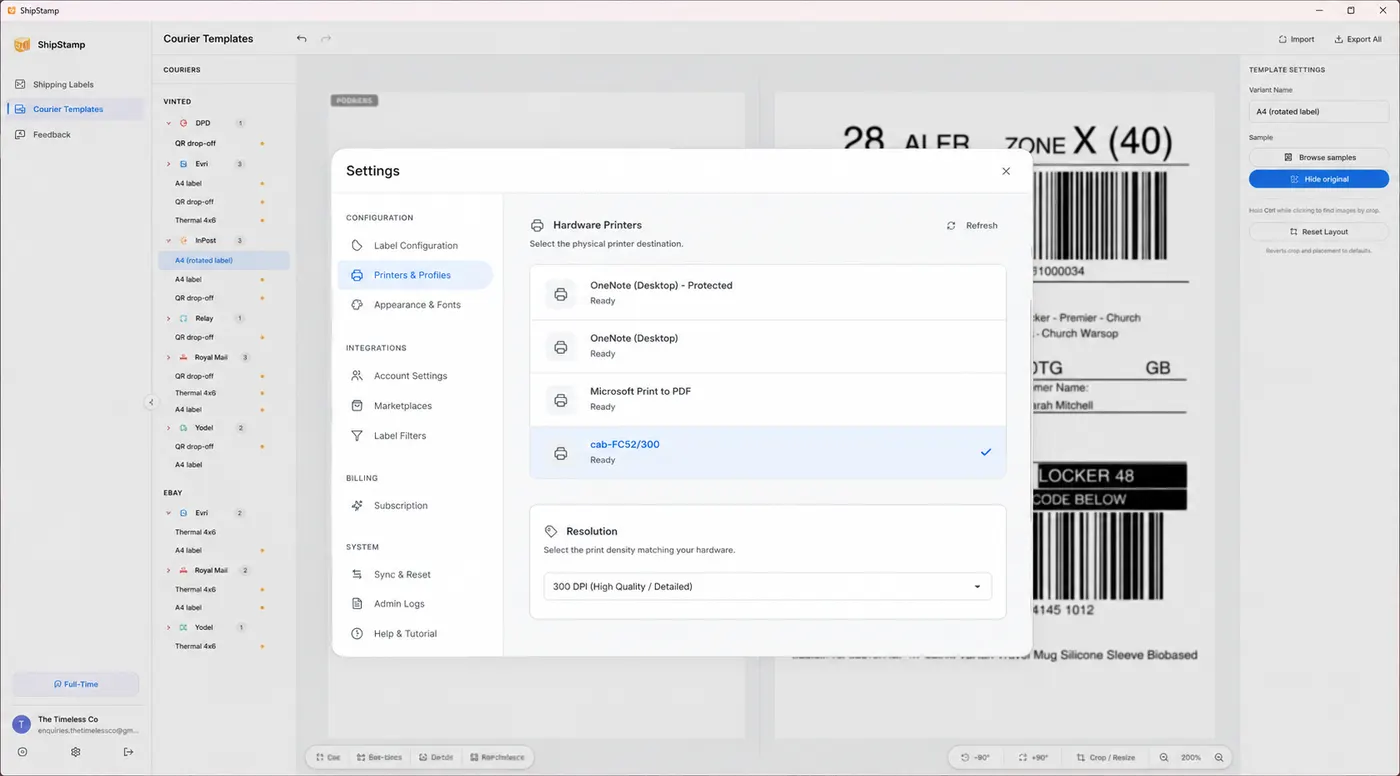 ShipStamp printer settings listing thermal, inkjet and PDF printers detected on the system